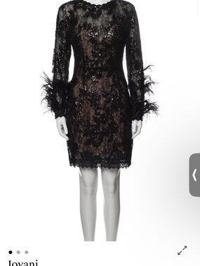 Jovani Black Lace Long-Sleeve Feather Cuff Cocktail Dress